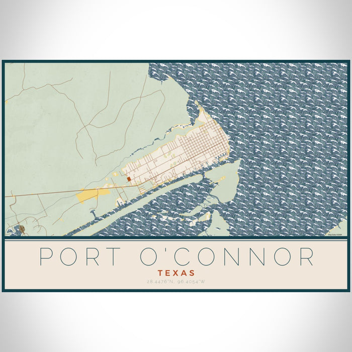 Port O'Connor Texas Map Print Landscape Orientation in Woodblock Style With Shaded Background