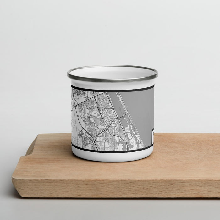 Front View Custom Port Orange Florida Map Enamel Mug in Classic on Cutting Board
