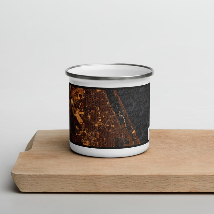 Front View Custom Port Orange Florida Map Enamel Mug in Ember on Cutting Board