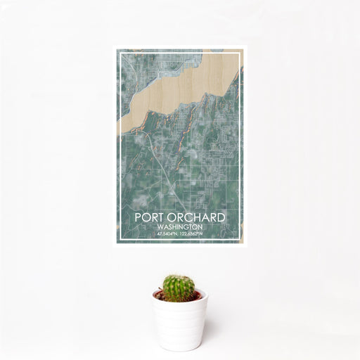 12x18 Port Orchard Washington Map Print Portrait Orientation in Afternoon Style With Small Cactus Plant in White Planter