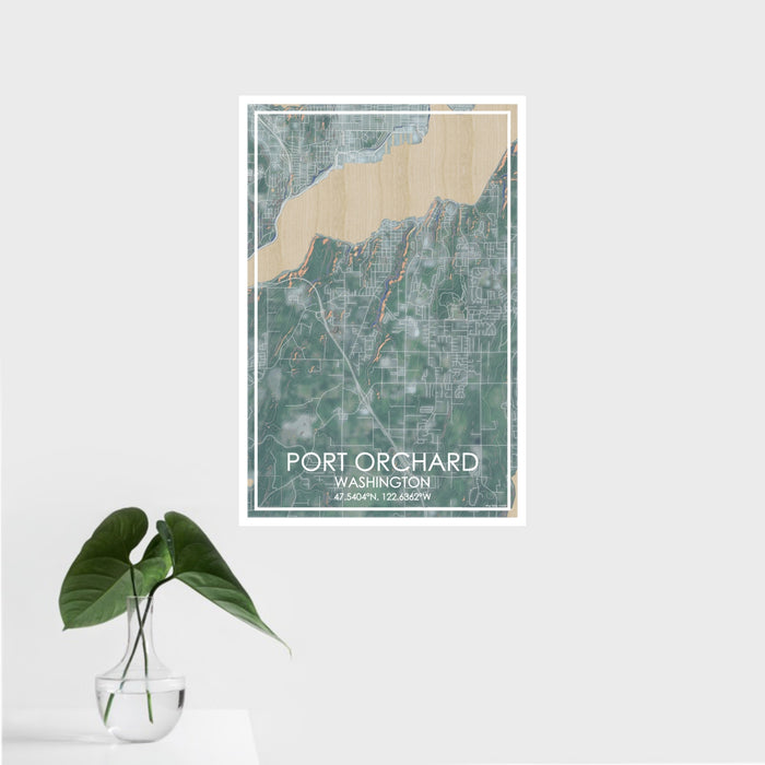 16x24 Port Orchard Washington Map Print Portrait Orientation in Afternoon Style With Tropical Plant Leaves in Water