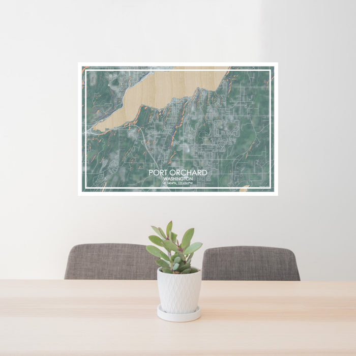24x36 Port Orchard Washington Map Print Lanscape Orientation in Afternoon Style Behind 2 Chairs Table and Potted Plant