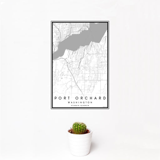 12x18 Port Orchard Washington Map Print Portrait Orientation in Classic Style With Small Cactus Plant in White Planter
