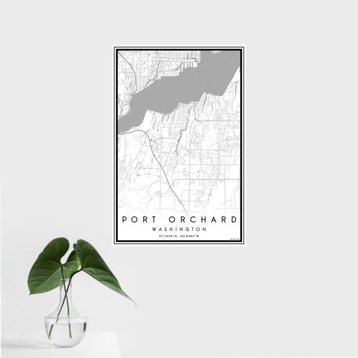 16x24 Port Orchard Washington Map Print Portrait Orientation in Classic Style With Tropical Plant Leaves in Water