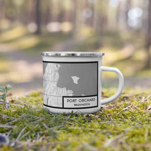 Right View Custom Port Orchard Washington Map Enamel Mug in Classic on Grass With Trees in Background
