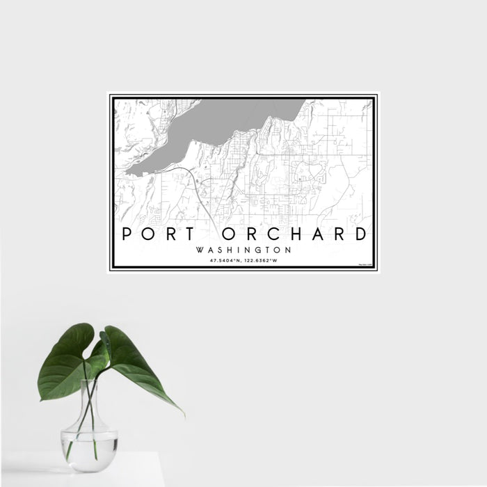 16x24 Port Orchard Washington Map Print Landscape Orientation in Classic Style With Tropical Plant Leaves in Water