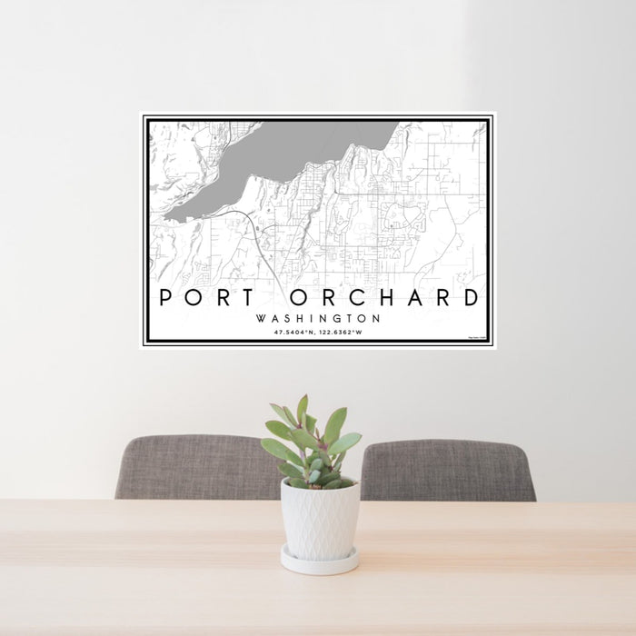 24x36 Port Orchard Washington Map Print Landscape Orientation in Classic Style Behind 2 Chairs Table and Potted Plant