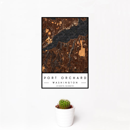 12x18 Port Orchard Washington Map Print Portrait Orientation in Ember Style With Small Cactus Plant in White Planter