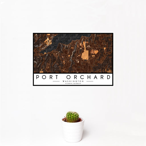 12x18 Port Orchard Washington Map Print Landscape Orientation in Ember Style With Small Cactus Plant in White Planter