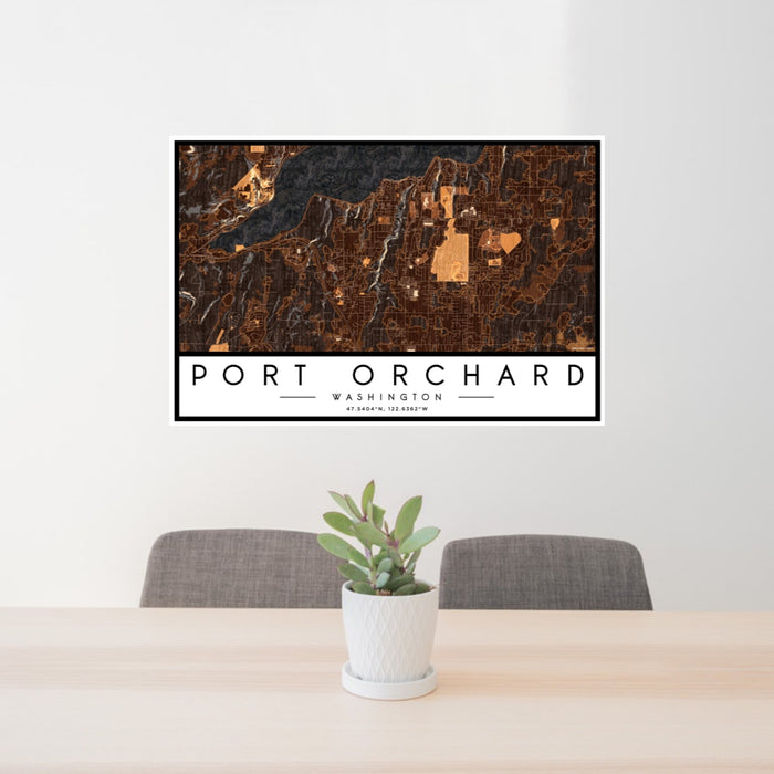 24x36 Port Orchard Washington Map Print Landscape Orientation in Ember Style Behind 2 Chairs Table and Potted Plant
