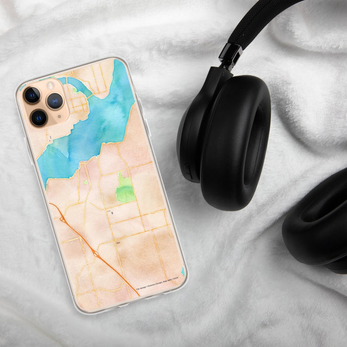 Custom Port Orchard Washington Map Phone Case in Watercolor on Table with Black Headphones