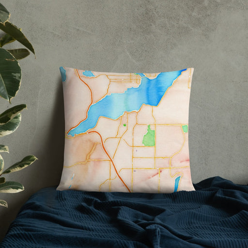 Custom Port Orchard Washington Map Throw Pillow in Watercolor on Bedding Against Wall