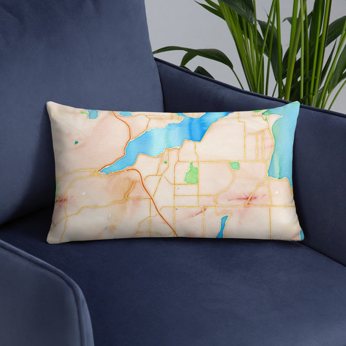 Custom Port Orchard Washington Map Throw Pillow in Watercolor on Blue Colored Chair