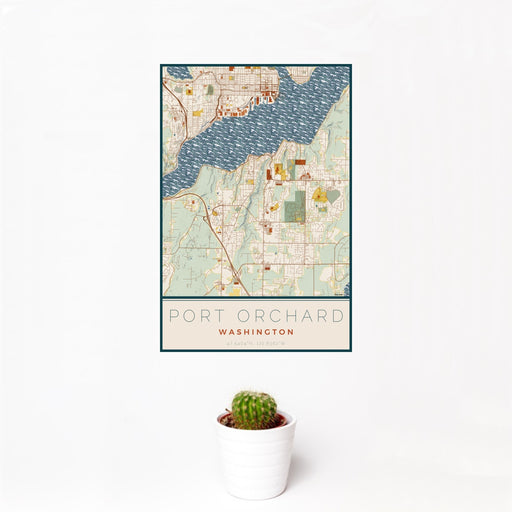 12x18 Port Orchard Washington Map Print Portrait Orientation in Woodblock Style With Small Cactus Plant in White Planter