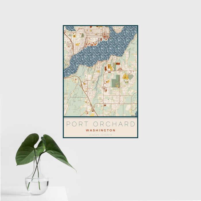 16x24 Port Orchard Washington Map Print Portrait Orientation in Woodblock Style With Tropical Plant Leaves in Water