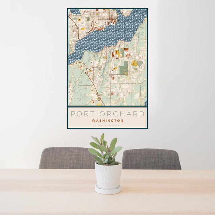 24x36 Port Orchard Washington Map Print Portrait Orientation in Woodblock Style Behind 2 Chairs Table and Potted Plant