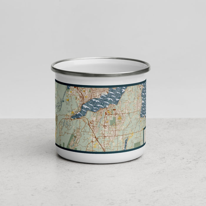 Front View Custom Port Orchard Washington Map Enamel Mug in Woodblock