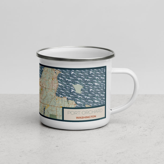 Right View Custom Port Orchard Washington Map Enamel Mug in Woodblock