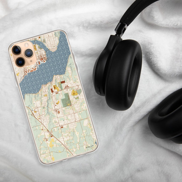 Custom Port Orchard Washington Map Phone Case in Woodblock on Table with Black Headphones