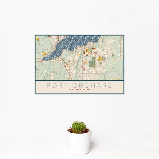 12x18 Port Orchard Washington Map Print Landscape Orientation in Woodblock Style With Small Cactus Plant in White Planter