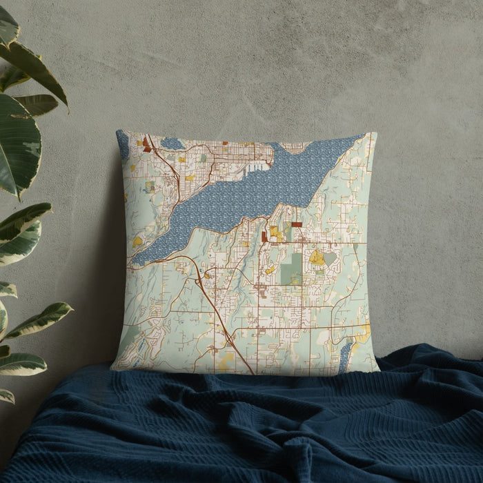 Custom Port Orchard Washington Map Throw Pillow in Woodblock on Bedding Against Wall