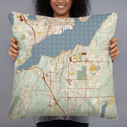 Person holding 22x22 Custom Port Orchard Washington Map Throw Pillow in Woodblock
