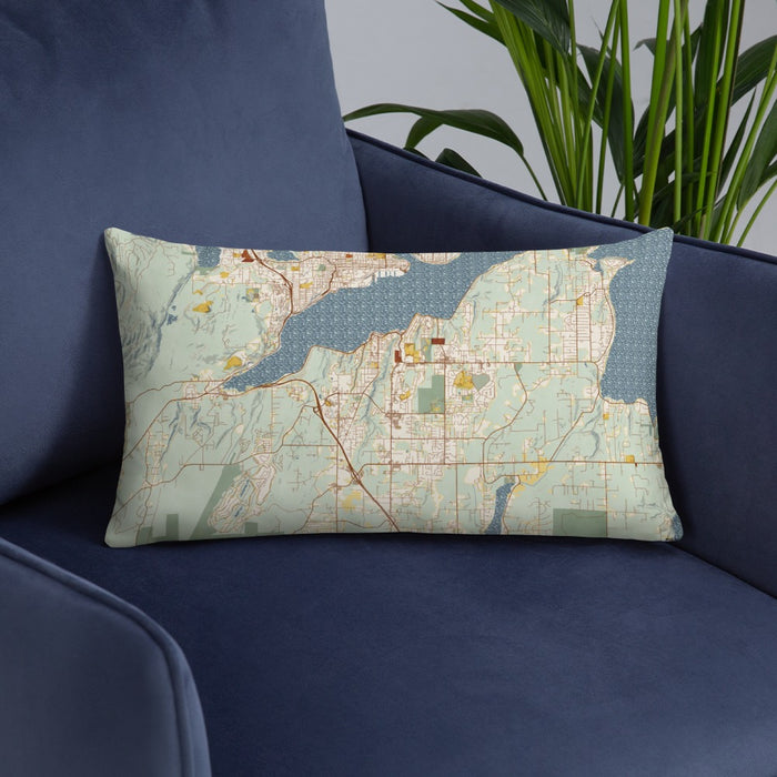 Custom Port Orchard Washington Map Throw Pillow in Woodblock on Blue Colored Chair