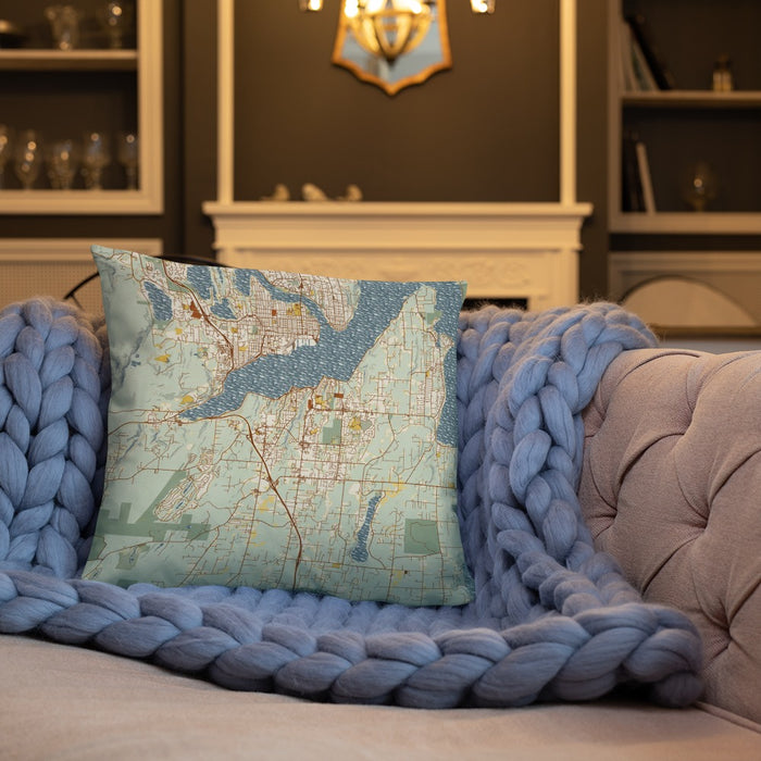Custom Port Orchard Washington Map Throw Pillow in Woodblock on Cream Colored Couch