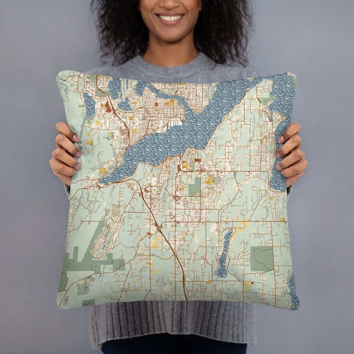 Person holding 18x18 Custom Port Orchard Washington Map Throw Pillow in Woodblock