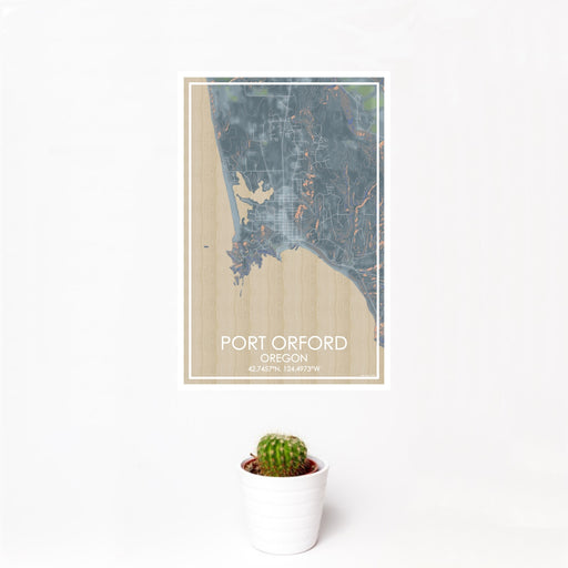 12x18 Port Orford Oregon Map Print Portrait Orientation in Afternoon Style With Small Cactus Plant in White Planter