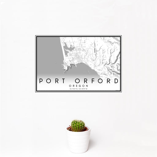 12x18 Port Orford Oregon Map Print Landscape Orientation in Classic Style With Small Cactus Plant in White Planter