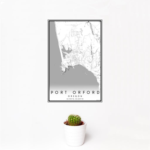 12x18 Port Orford Oregon Map Print Portrait Orientation in Classic Style With Small Cactus Plant in White Planter