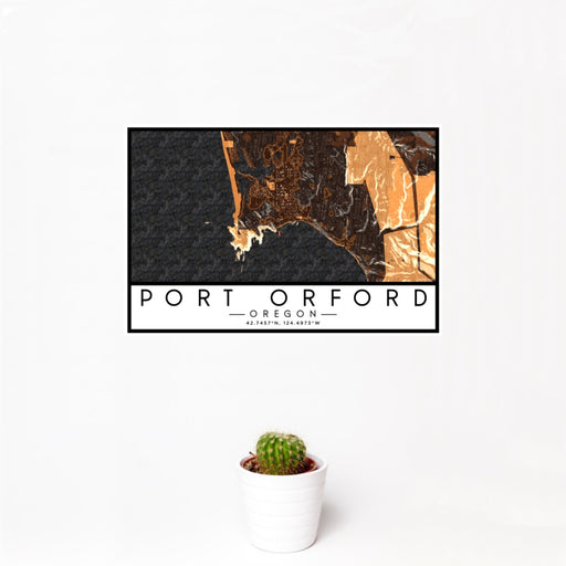 12x18 Port Orford Oregon Map Print Landscape Orientation in Ember Style With Small Cactus Plant in White Planter