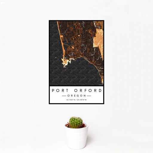 12x18 Port Orford Oregon Map Print Portrait Orientation in Ember Style With Small Cactus Plant in White Planter