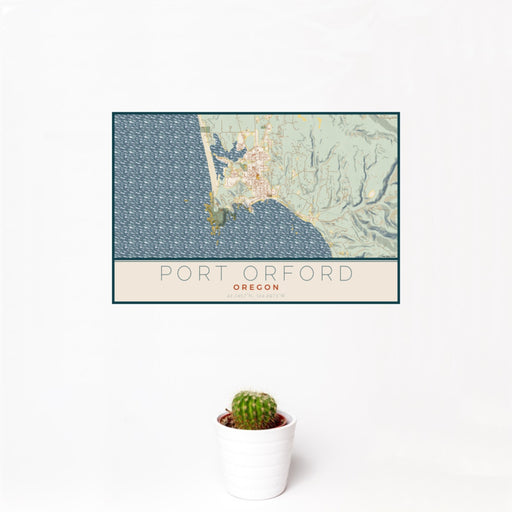 12x18 Port Orford Oregon Map Print Landscape Orientation in Woodblock Style With Small Cactus Plant in White Planter