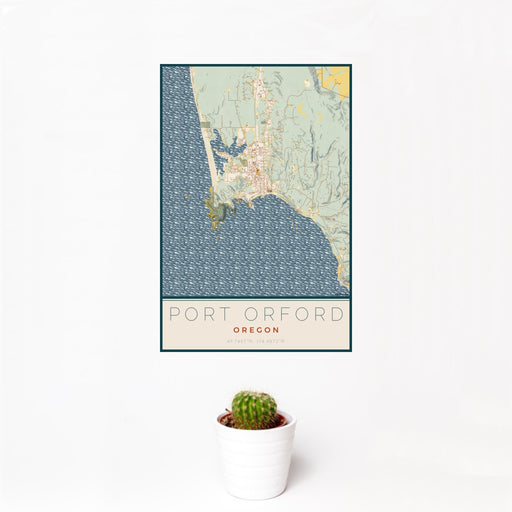 12x18 Port Orford Oregon Map Print Portrait Orientation in Woodblock Style With Small Cactus Plant in White Planter