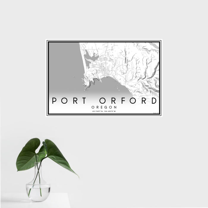 16x24 Port Orford Oregon Map Print Landscape Orientation in Classic Style With Tropical Plant Leaves in Water