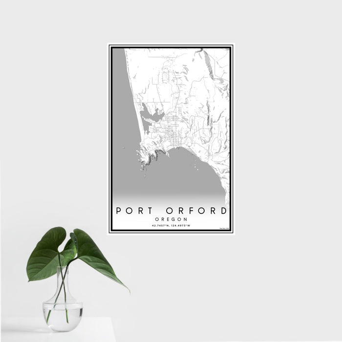 16x24 Port Orford Oregon Map Print Portrait Orientation in Classic Style With Tropical Plant Leaves in Water