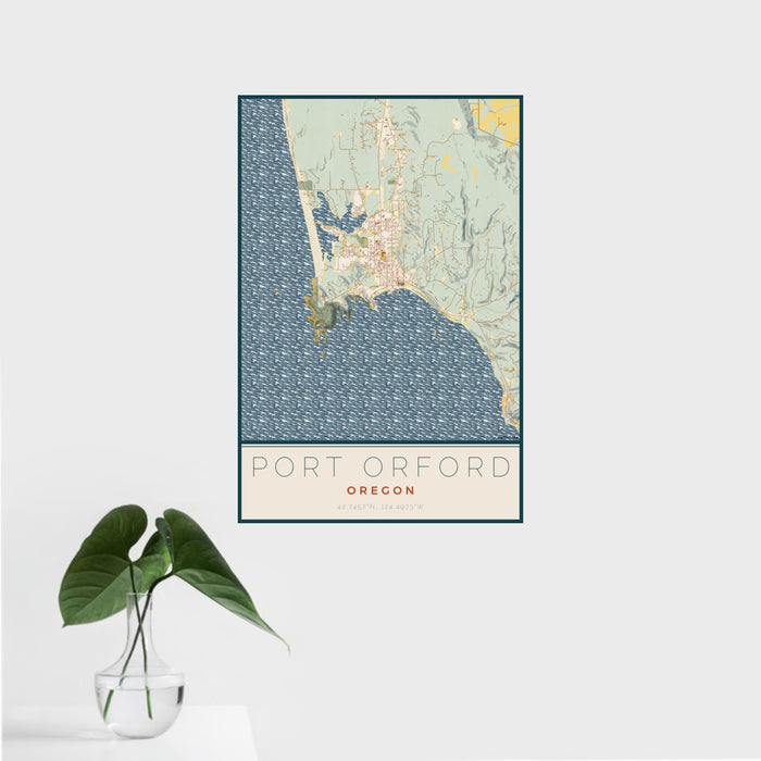 16x24 Port Orford Oregon Map Print Portrait Orientation in Woodblock Style With Tropical Plant Leaves in Water