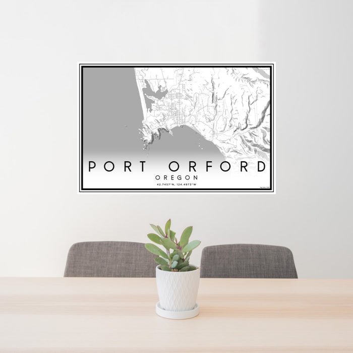 24x36 Port Orford Oregon Map Print Lanscape Orientation in Classic Style Behind 2 Chairs Table and Potted Plant