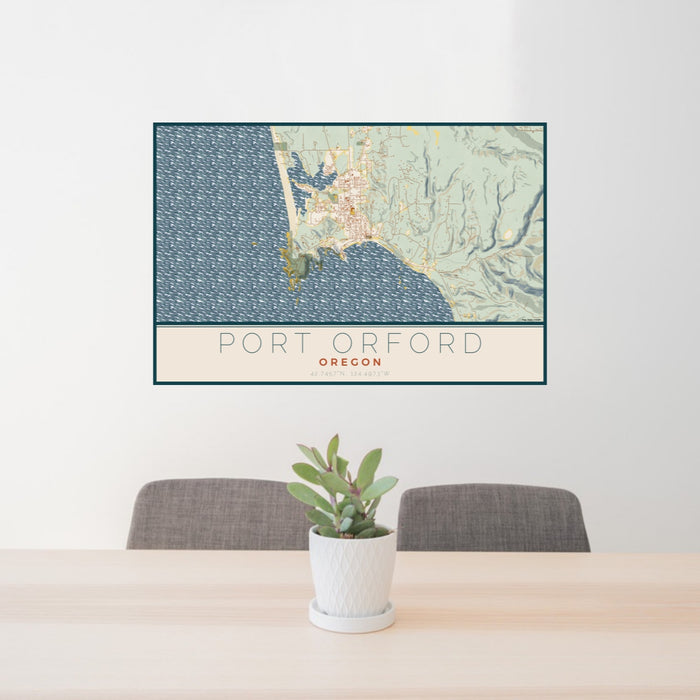 24x36 Port Orford Oregon Map Print Lanscape Orientation in Woodblock Style Behind 2 Chairs Table and Potted Plant