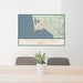 24x36 Port Orford Oregon Map Print Lanscape Orientation in Woodblock Style Behind 2 Chairs Table and Potted Plant