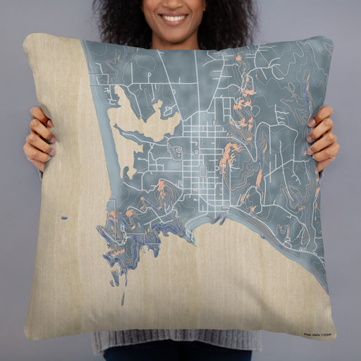 Person holding 22x22 Custom Port Orford Oregon Map Throw Pillow in Afternoon