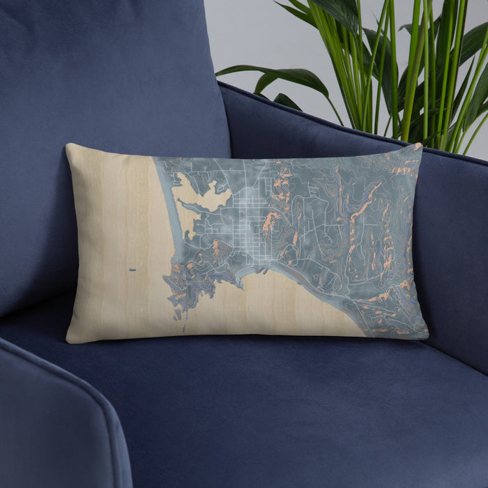 Custom Port Orford Oregon Map Throw Pillow in Afternoon on Blue Colored Chair