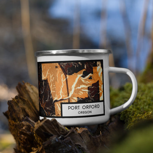 Right View Custom Port Orford Oregon Map Enamel Mug in Ember on Grass With Trees in Background