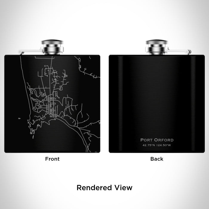 Rendered View of Port Orford Oregon Map Engraving on 6oz Stainless Steel Flask in Black