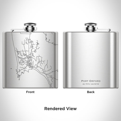 Rendered View of Port Orford Oregon Map Engraving on 6oz Stainless Steel Flask