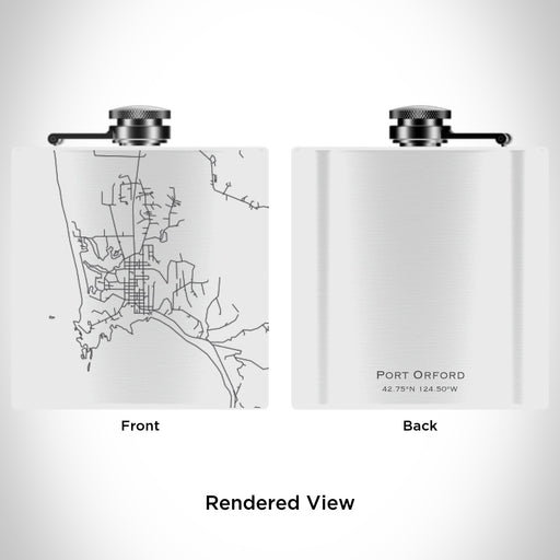 Rendered View of Port Orford Oregon Map Engraving on 6oz Stainless Steel Flask in White