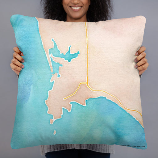 Person holding 22x22 Custom Port Orford Oregon Map Throw Pillow in Watercolor