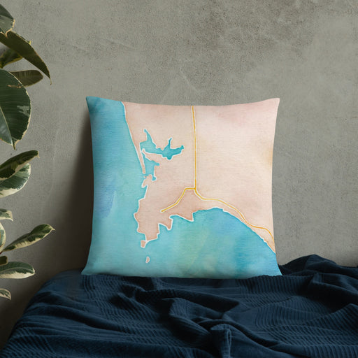 Custom Port Orford Oregon Map Throw Pillow in Watercolor on Bedding Against Wall